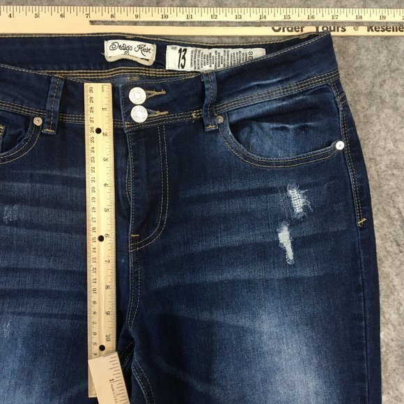 Indigo Rein Jeans 13 14 32 Mid Rise Skinny Ankle Dark Wash Distressed Raw Hem - Picture 7 of 13